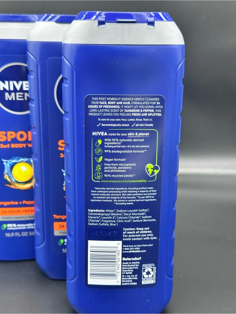 Lot of 3 NIVEA MEN Sport 3-in-1 Body Wash Tangerine + Pepper 16.9 oz NEW
